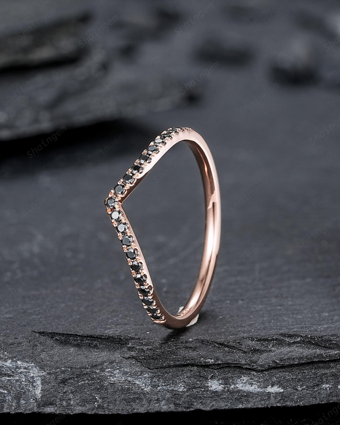Vintage Black Diamond Curved Wedding Band, Rose Gold Chevron Nesting Band, Black Moissanite V Shaped Matching Stacking Ring Anniversary Band - ShainJewelry