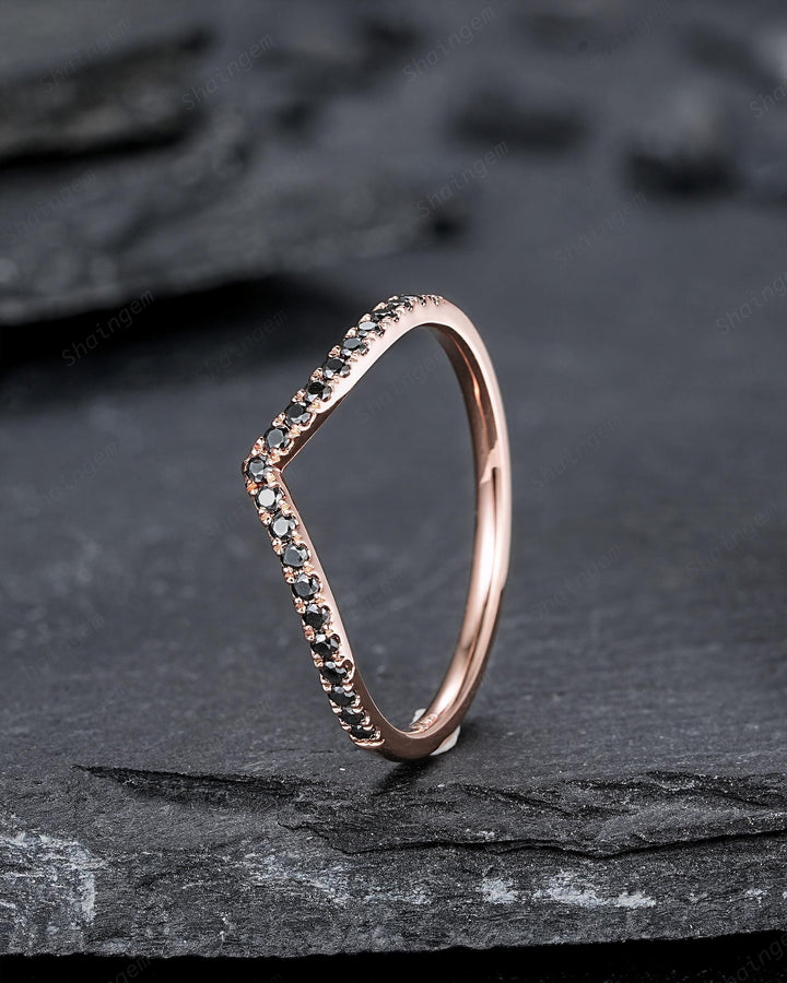 Vintage Black Diamond Curved Wedding Band, Rose Gold Chevron Nesting Band, Black Moissanite V Shaped Matching Stacking Ring Anniversary Band - ShainJewelry