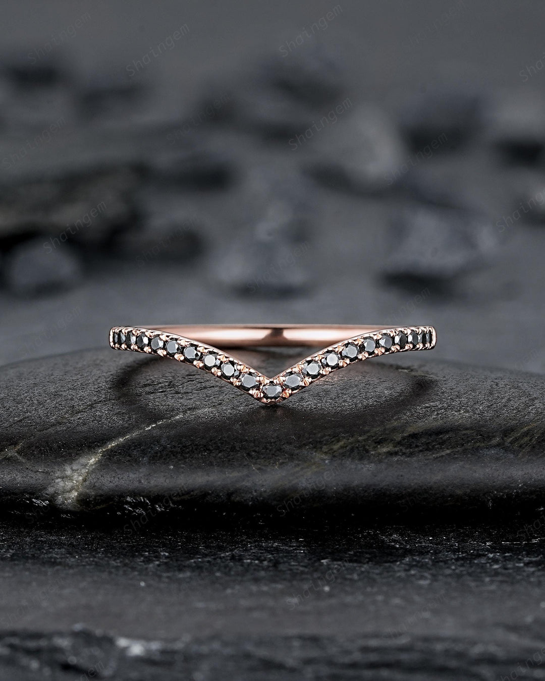 Vintage Black Diamond Curved Wedding Band, Rose Gold Chevron Nesting Band, Black Moissanite V Shaped Matching Stacking Ring Anniversary Band - ShainJewelry