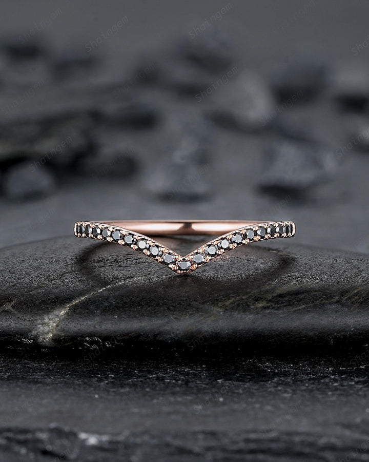 Vintage Black Diamond Curved Wedding Band, Rose Gold Chevron Nesting Band, Black Moissanite V Shaped Matching Stacking Ring Anniversary Band - ShainJewelry