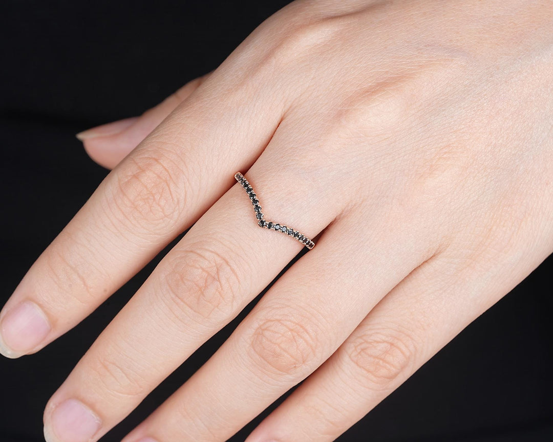 Vintage Black Diamond Curved Wedding Band, Rose Gold Chevron Nesting Band, Black Moissanite V Shaped Matching Stacking Ring Anniversary Band - ShainJewelry