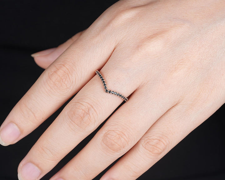 Vintage Black Diamond Curved Wedding Band, Rose Gold Chevron Nesting Band, Black Moissanite V Shaped Matching Stacking Ring Anniversary Band - ShainJewelry