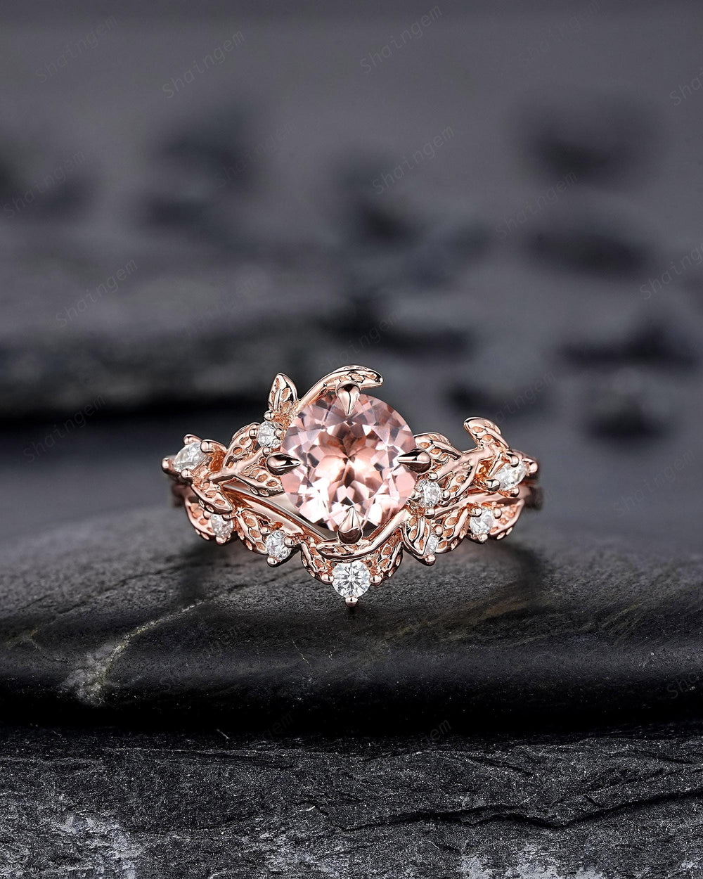 Nature Inspired Round Peach Morganite Vine Engagement Ring Set, Pink Morganite and Diamond Wedding Ring Rose Gold Twig Leaf Promise Ring - ShainJewelry