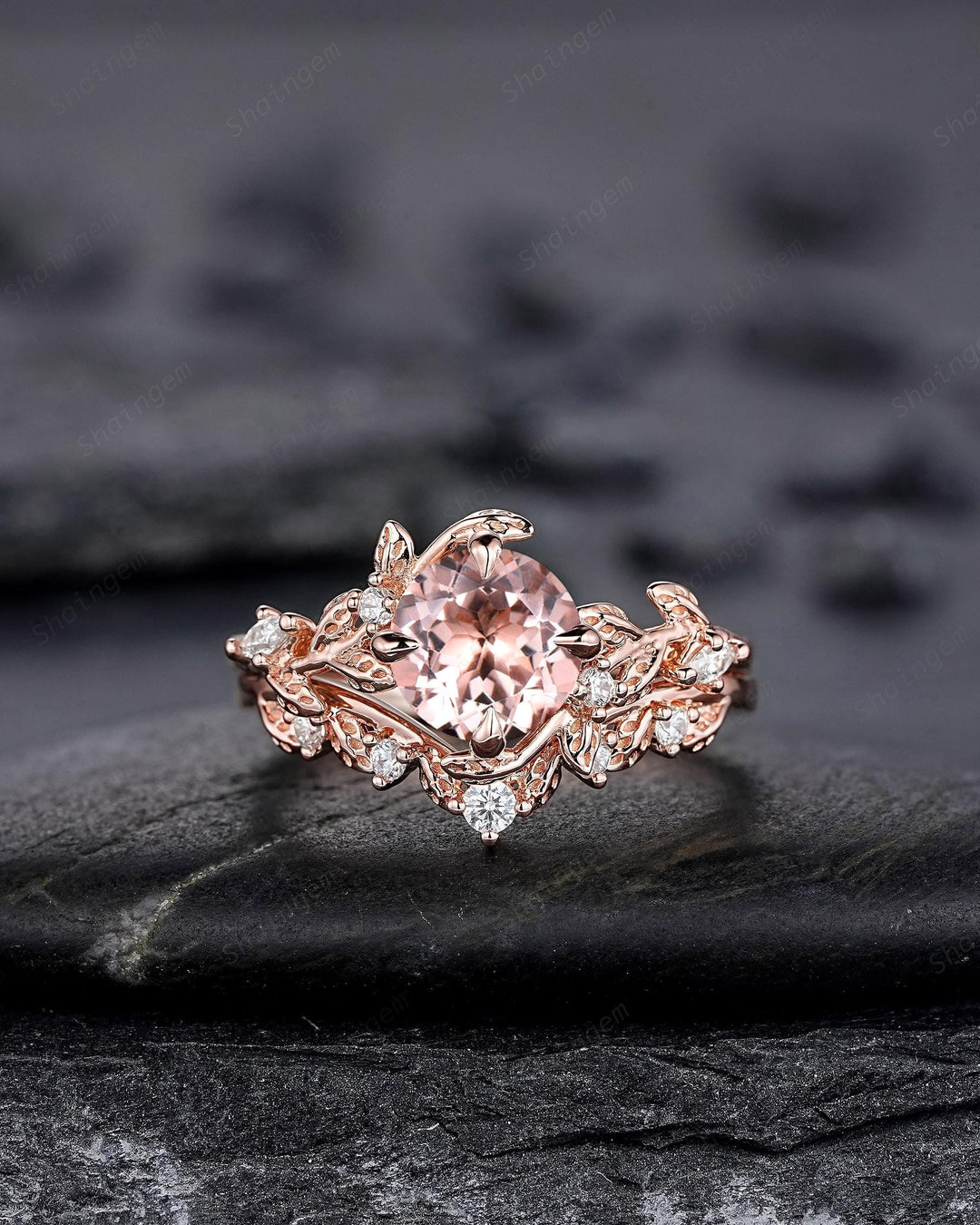 Nature Inspired Round Peach Morganite Vine Engagement Ring Set, Pink Morganite and Diamond Wedding Ring Rose Gold Twig Leaf Promise Ring - ShainJewelry