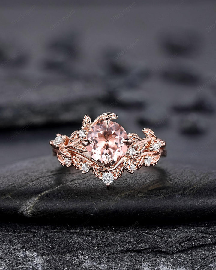 Nature Inspired Round Peach Morganite Vine Engagement Ring Set, Pink Morganite and Diamond Wedding Ring Rose Gold Twig Leaf Promise Ring - ShainJewelry