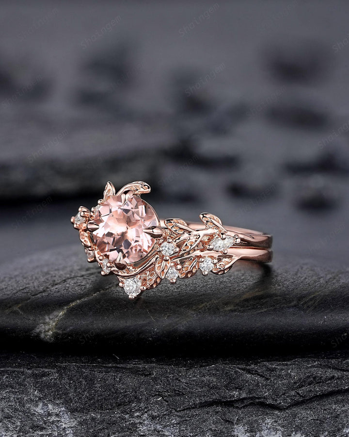 Nature Inspired Round Peach Morganite Vine Engagement Ring Set, Pink Morganite and Diamond Wedding Ring Rose Gold Twig Leaf Promise Ring - ShainJewelry