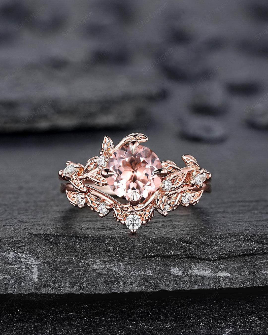 Nature Inspired Round Peach Morganite Vine Engagement Ring Set, Pink Morganite and Diamond Wedding Ring Rose Gold Twig Leaf Promise Ring - ShainJewelry