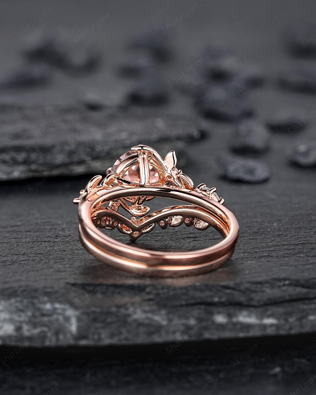 Nature Inspired Round Peach Morganite Vine Engagement Ring Set, Pink Morganite and Diamond Wedding Ring Rose Gold Twig Leaf Promise Ring - ShainJewelry
