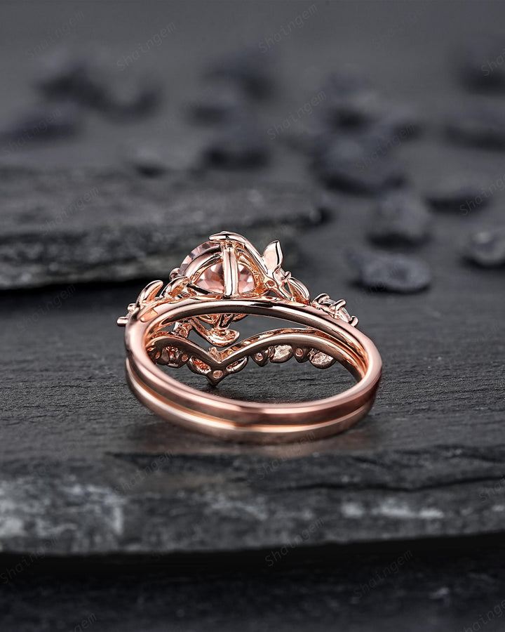 Nature Inspired Round Peach Morganite Vine Engagement Ring Set, Pink Morganite and Diamond Wedding Ring Rose Gold Twig Leaf Promise Ring - ShainJewelry