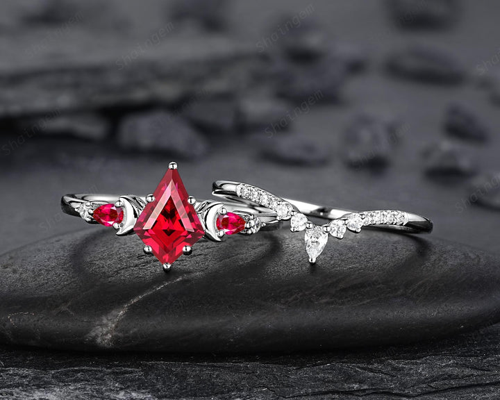 Platinum Kite Cut Ruby and Diamond Engagement Ring Set, Unique White Gold Crescent Promise Ring, Sterling Silver Wedding Ring Gift for Women - ShainJewelry