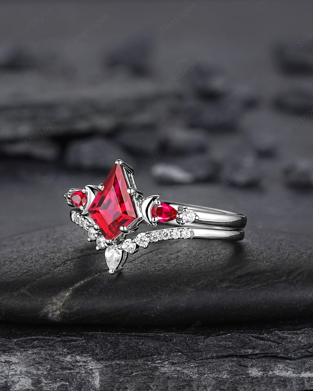 Platinum Kite Cut Ruby and Diamond Engagement Ring Set, Unique White Gold Crescent Promise Ring, Sterling Silver Wedding Ring Gift for Women - ShainJewelry