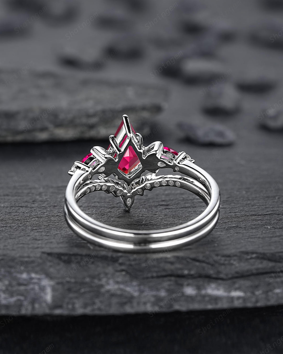 Platinum Kite Cut Ruby and Diamond Engagement Ring Set, Unique White Gold Crescent Promise Ring, Sterling Silver Wedding Ring Gift for Women - ShainJewelry