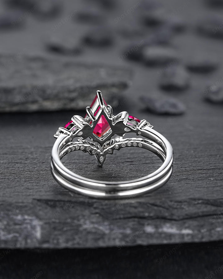 Platinum Kite Cut Ruby and Diamond Engagement Ring Set, Unique White Gold Crescent Promise Ring, Sterling Silver Wedding Ring Gift for Women - ShainJewelry