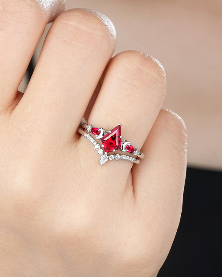 Platinum Kite Cut Ruby and Diamond Engagement Ring Set, Unique White Gold Crescent Promise Ring, Sterling Silver Wedding Ring Gift for Women - ShainJewelry