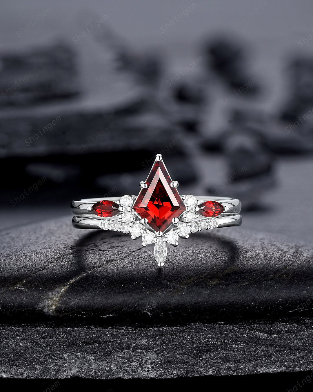 Platinum Kite Cut Garnet and Diamond Engagement Ring Set, Unique 14K 18K White Gold Promise Ring, 925 Sterling Silver Wedding Ring for Women - ShainJewelry