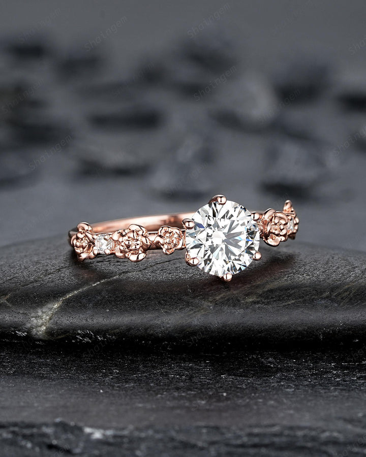IGI Certified 1 Carat Lab Grown Diamond Engagement Ring, 14K 18K Rose Gold Nature Inspired Rose Flower Promise Ring Diamond Wedding Ring - ShainJewelry