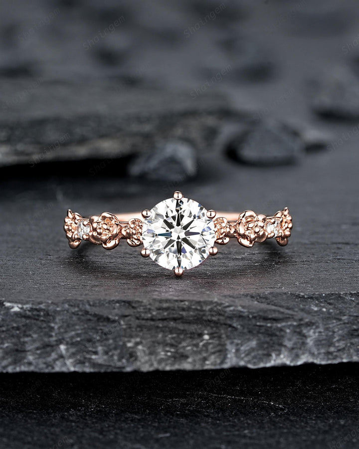 IGI Certified 1 Carat Lab Grown Diamond Engagement Ring, 14K 18K Rose Gold Nature Inspired Rose Flower Promise Ring Diamond Wedding Ring - ShainJewelry