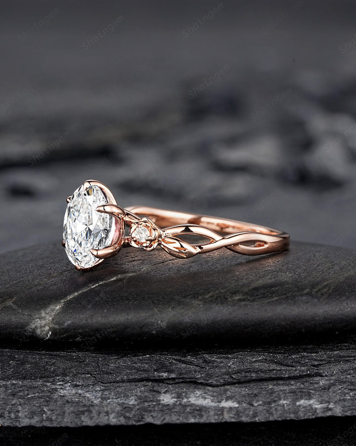IGI Certified 1 Carat Oval Shape Lab Grown Diamond Engagement Ring, Rose Gold Nature Inspired Rose Flower Promise Ring Leaf Wedding Ring - ShainJewelry