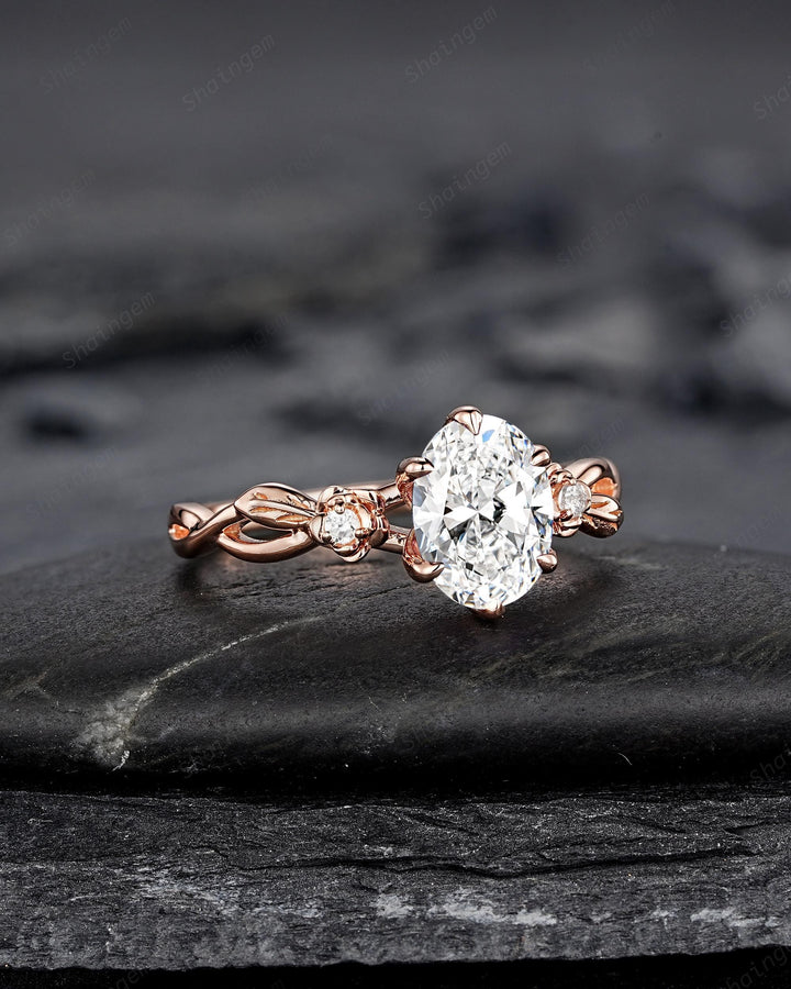 IGI Certified 1 Carat Oval Shape Lab Grown Diamond Engagement Ring, Rose Gold Nature Inspired Rose Flower Promise Ring Leaf Wedding Ring - ShainJewelry