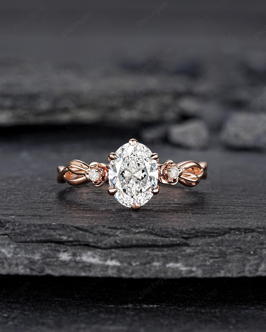 IGI Certified 1 Carat Oval Shape Lab Grown Diamond Engagement Ring, Rose Gold Nature Inspired Rose Flower Promise Ring Leaf Wedding Ring - ShainJewelry