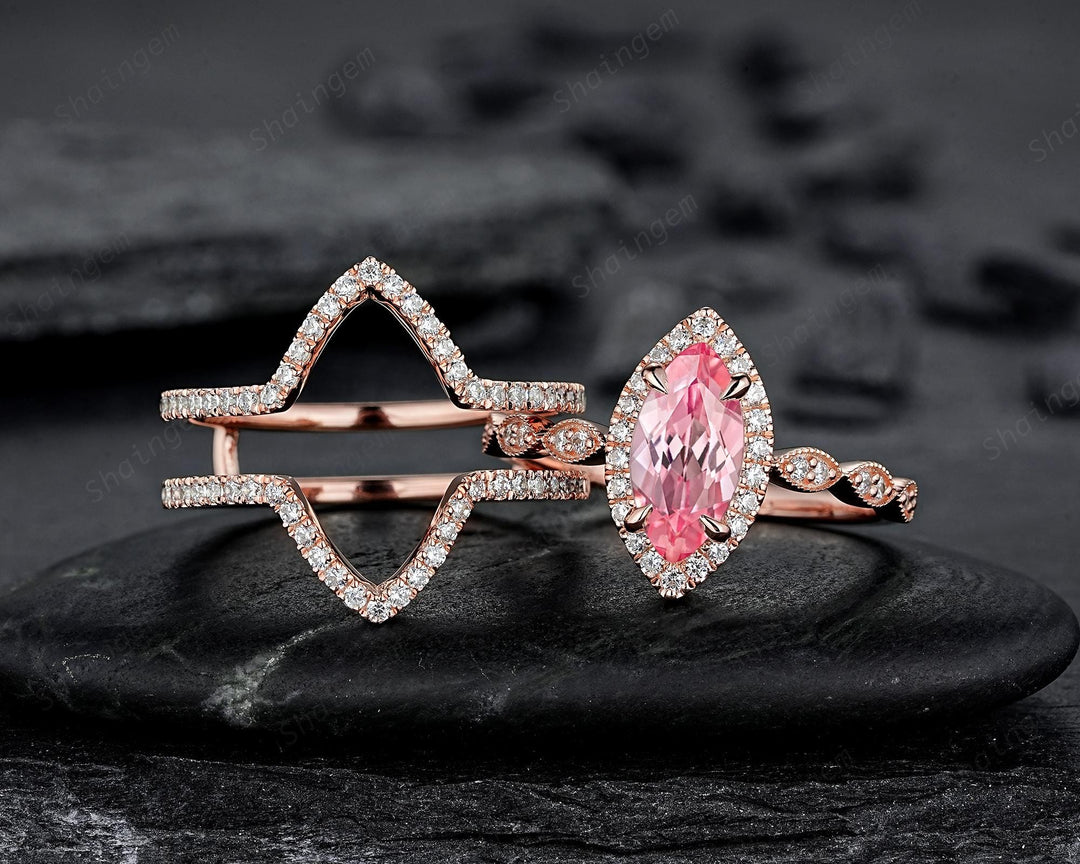 3PCS Marquise Cut Pink Sapphire Bridal Set V Shape Ring Guard Spacer Engagement Ring Enhancer Curved Soldered Band Halo Wedding Promise Ring - ShainJewelry