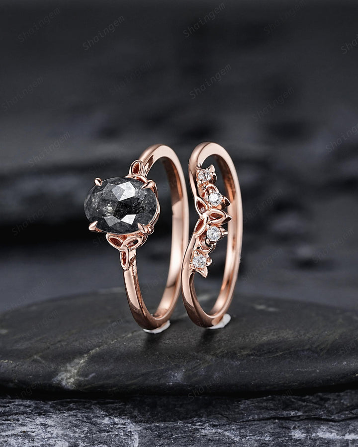 Celtic Knot Natural Salt and Pepper Diamond Engagement Ring Set, Platinum Oval Shape Gray Diamond Promise Ring, Solid Rose Gold Wedding Ring - ShainJewelry