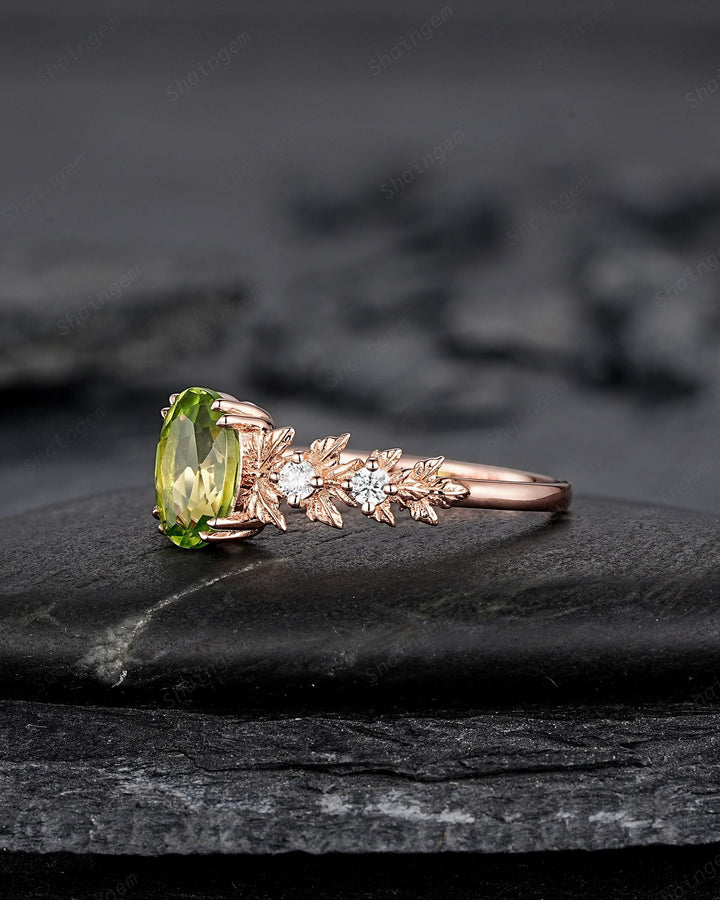 Oval Shape Peridot Maple Leaf Engagement Ring, Nature Inspired Promise Ring, Rose Gold or Silver Wedding Ring August Birthstone Ring Gift - ShainJewelry