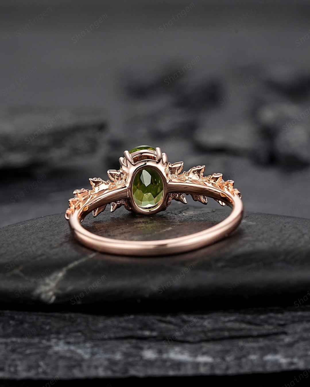 Oval Shape Peridot Maple Leaf Engagement Ring, Nature Inspired Promise Ring, Rose Gold or Silver Wedding Ring August Birthstone Ring Gift - ShainJewelry