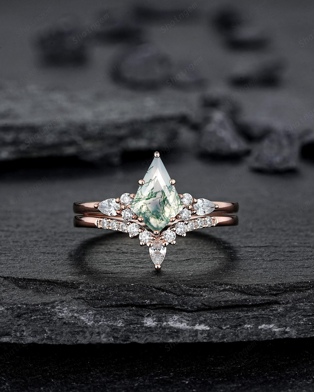 Vintage Kite Cut Moss Agate Engagement Ring Set, Rose Gold Moss Agate and Diamond Promise Ring, Silver Wedding Ring Bridal Set for Women - ShainJewelry