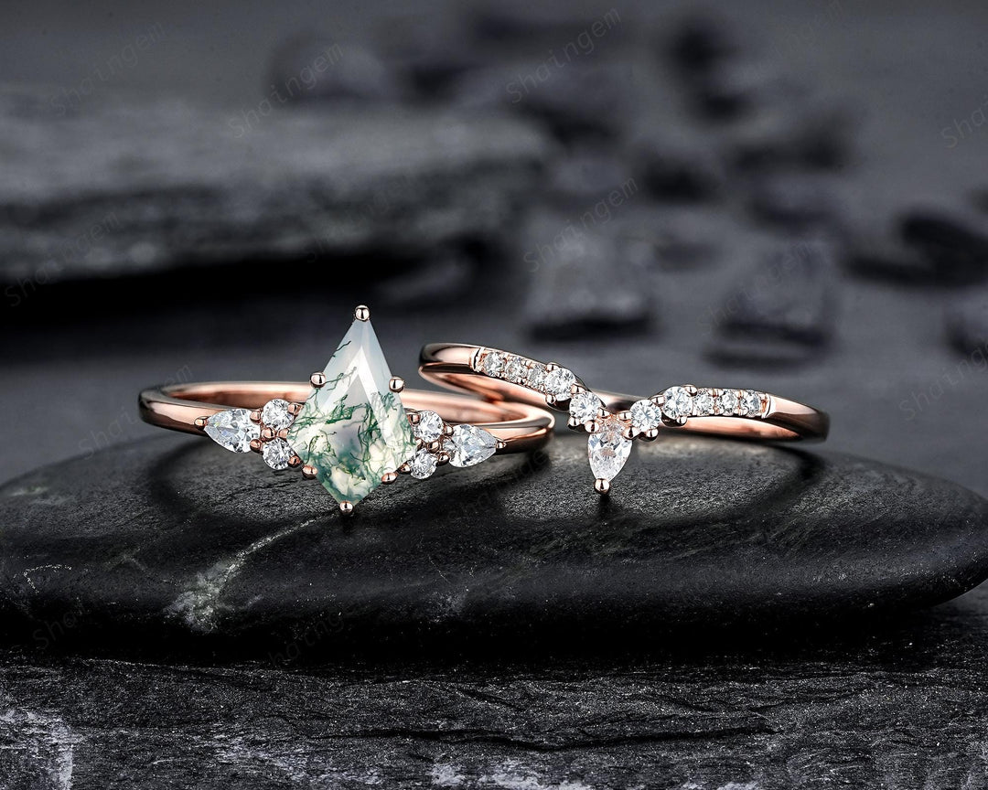 Vintage Kite Cut Moss Agate Engagement Ring Set, Rose Gold Moss Agate and Diamond Promise Ring, Silver Wedding Ring Bridal Set for Women - ShainJewelry