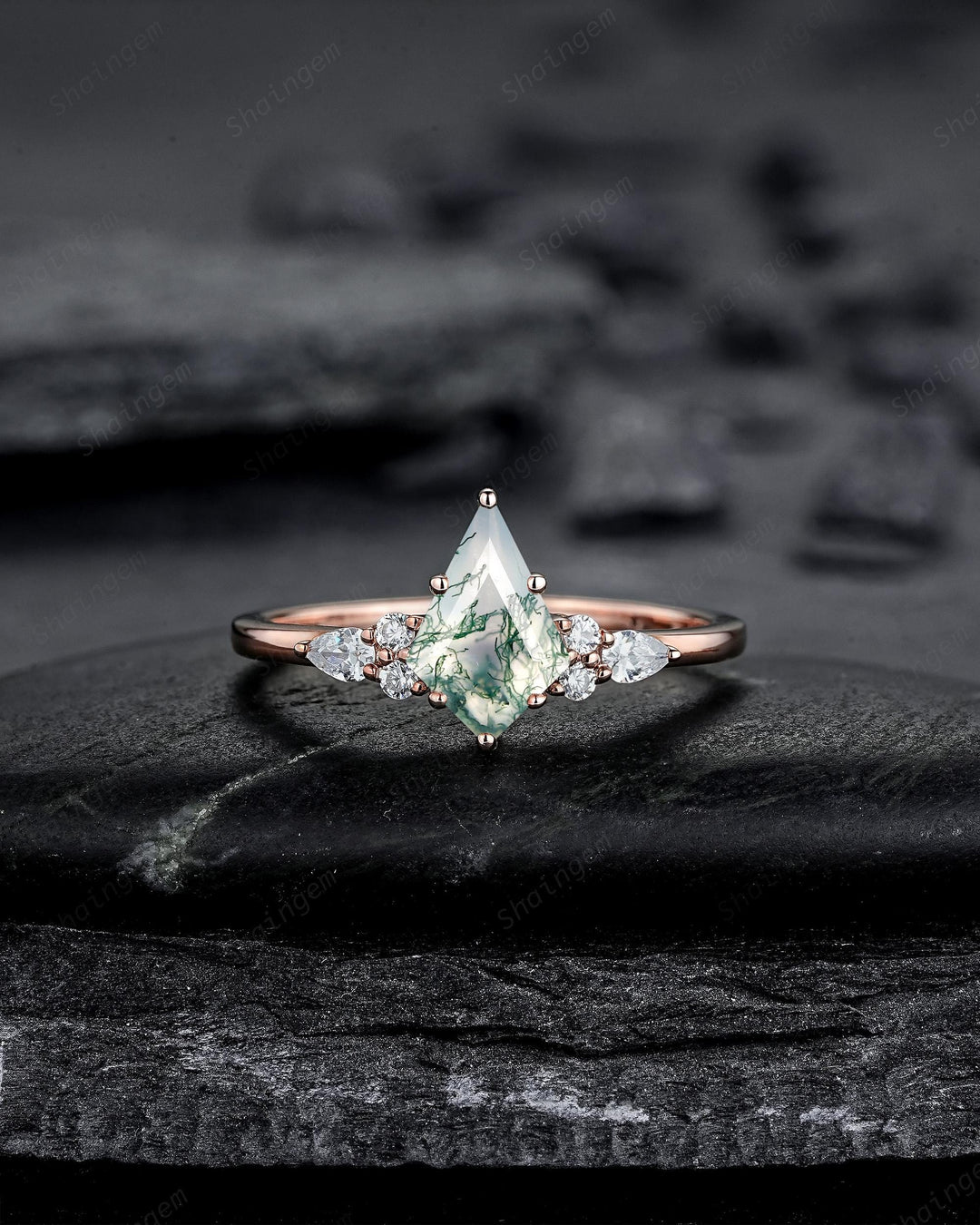 Vintage Kite Cut Moss Agate Engagement Ring Set, Rose Gold Moss Agate and Diamond Promise Ring, Silver Wedding Ring Bridal Set for Women - ShainJewelry