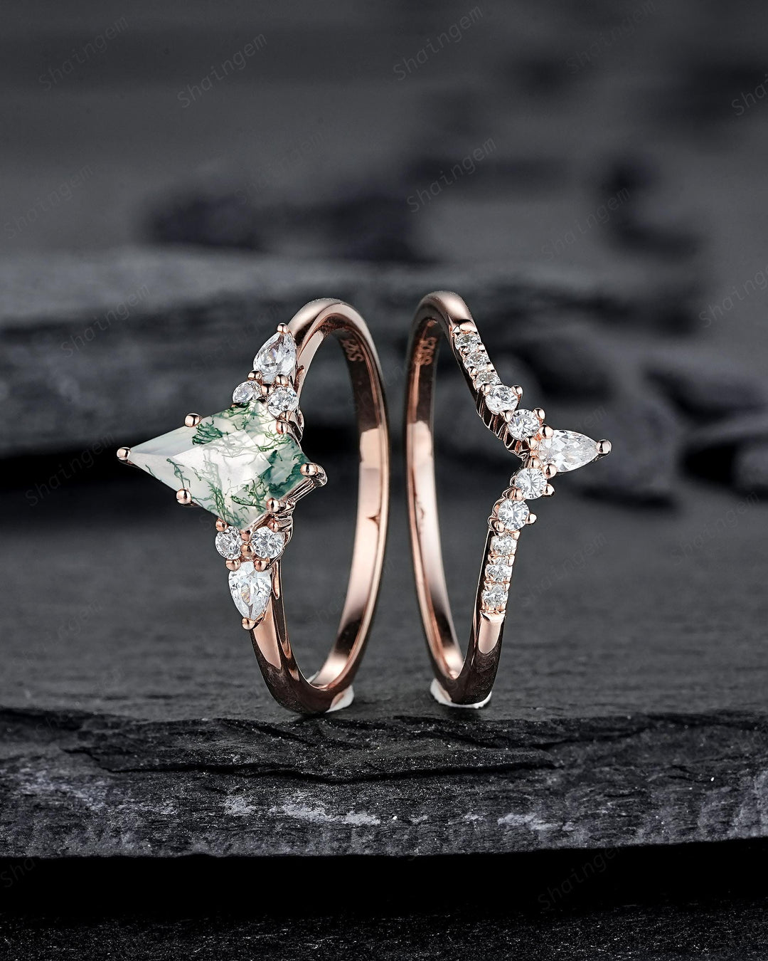 Vintage Kite Cut Moss Agate Engagement Ring Set, Rose Gold Moss Agate and Diamond Promise Ring, Silver Wedding Ring Bridal Set for Women - ShainJewelry