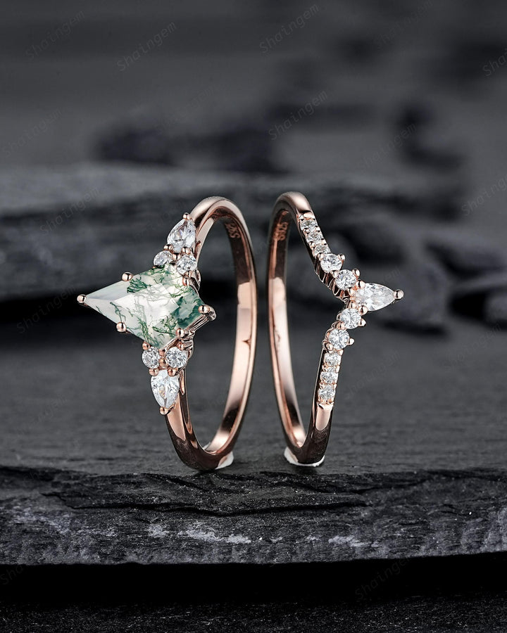 Vintage Kite Cut Moss Agate Engagement Ring Set, Rose Gold Moss Agate and Diamond Promise Ring, Silver Wedding Ring Bridal Set for Women - ShainJewelry