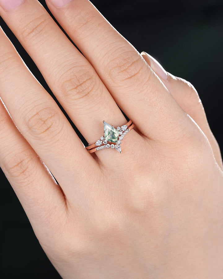 Vintage Kite Cut Moss Agate Engagement Ring Set, Rose Gold Moss Agate and Diamond Promise Ring, Silver Wedding Ring Bridal Set for Women - ShainJewelry