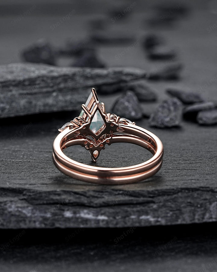 Vintage Kite Cut Moss Agate Engagement Ring Set, Rose Gold Moss Agate and Diamond Promise Ring, Silver Wedding Ring Bridal Set for Women - ShainJewelry