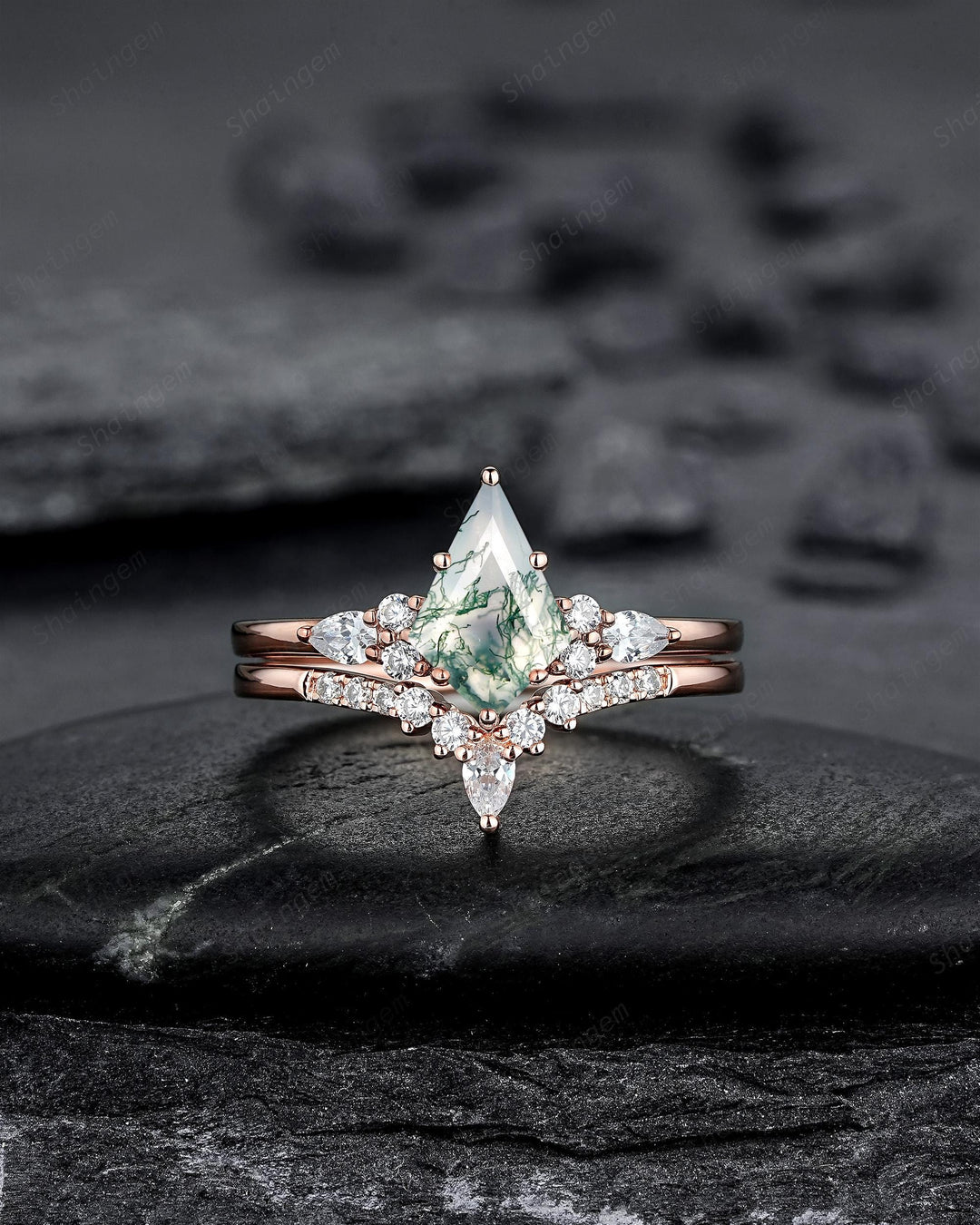 Vintage Kite Cut Moss Agate Engagement Ring Set, Rose Gold Moss Agate and Diamond Promise Ring, Silver Wedding Ring Bridal Set for Women - ShainJewelry