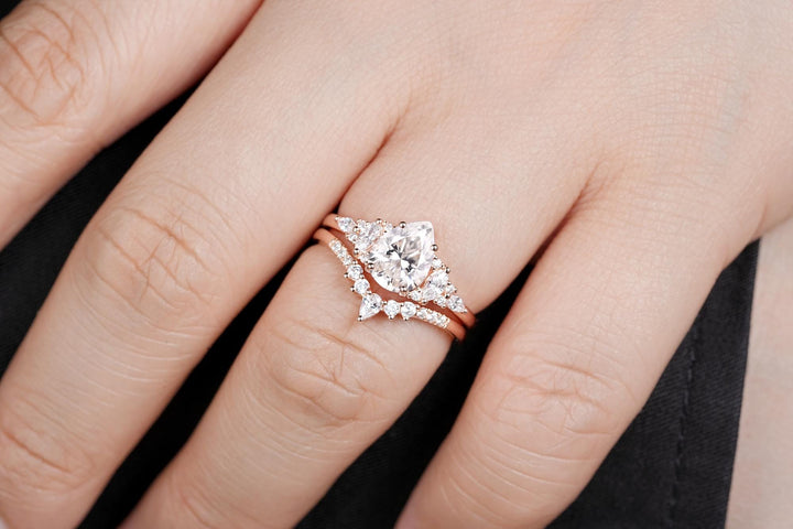 Vintage Pear Shape Moissanite Engagement Ring Set, Unique Women's Bridal Set, 14K Rose Gold Promise Ring Silver Wedding Ring for her Mom - ShainJewelry