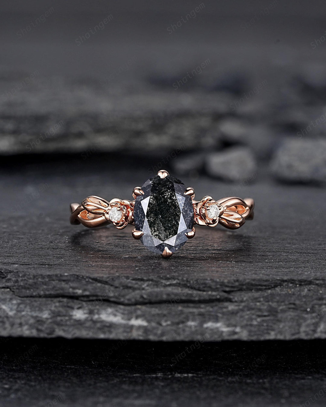 Oval Shape Salt and Pepper Diamond Floral Engagement Ring, Solid Rose Gold Natural Black Diamond Promise Ring Gray Diamond Leaf Wedding Ring - ShainJewelry