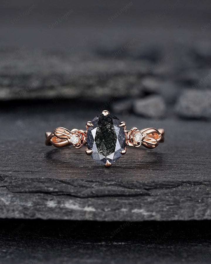Oval Shape Salt and Pepper Diamond Floral Engagement Ring, Solid Rose Gold Natural Black Diamond Promise Ring Gray Diamond Leaf Wedding Ring - ShainJewelry