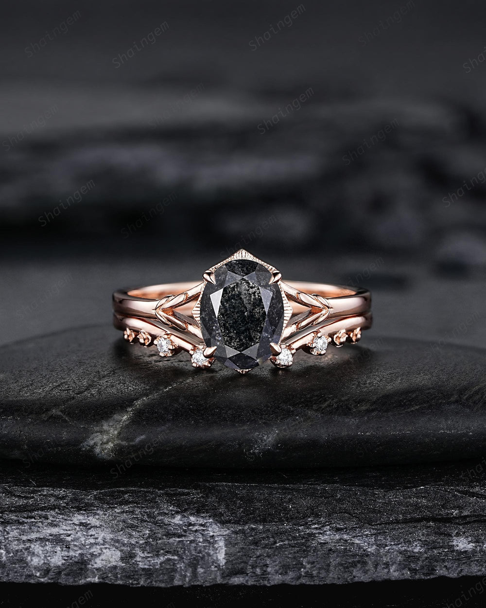 Oval Shape Natural Salt and Pepper Diamond Engagement Ring Set, Open Gap Platinum Leaf Promise Ring Nature Inspired Rose Gold Wedding Ring - ShainJewelry