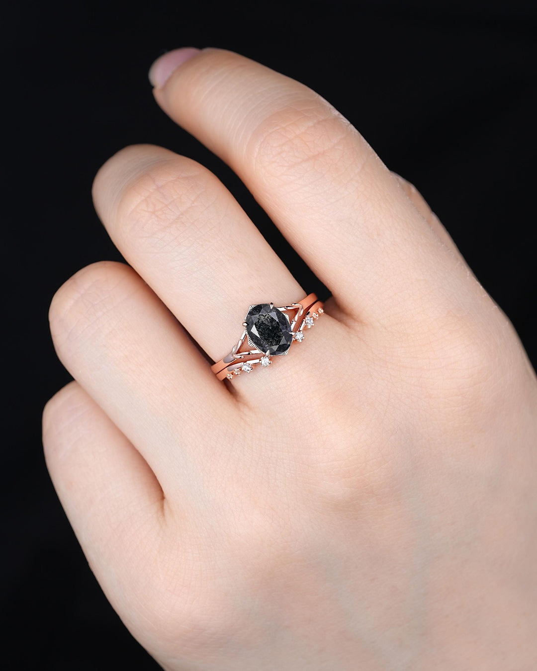 Oval Shape Natural Salt and Pepper Diamond Engagement Ring Set, Open Gap Platinum Leaf Promise Ring Nature Inspired Rose Gold Wedding Ring - ShainJewelry