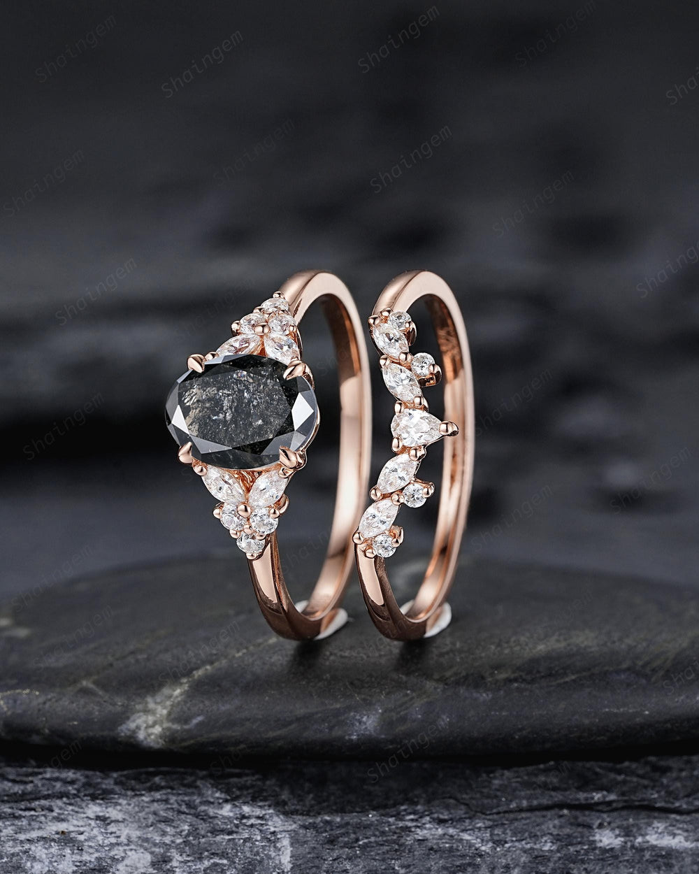Natural Oval Shape Salt and Pepper Diamond Cluster Engagement Ring Set, Gray Diamond Promise Ring Solid Rose Gold Black Diamond Wedding Ring - ShainJewelry