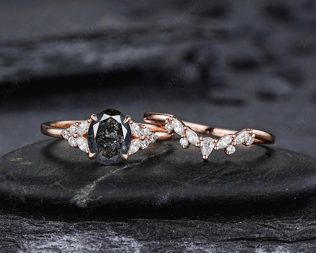 Natural Oval Shape Salt and Pepper Diamond Cluster Engagement Ring Set, Gray Diamond Promise Ring Solid Rose Gold Black Diamond Wedding Ring - ShainJewelry