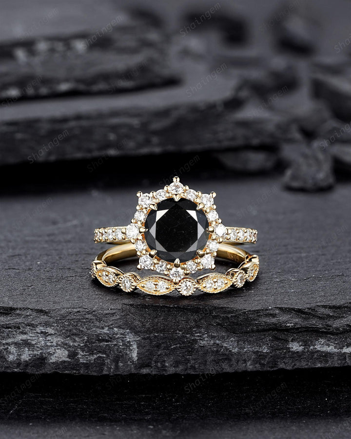 1.5 CT Round Shape Black Diamond Halo Engagement Ring Set Yellow Gold Natural Diamond Floral Promise Ring Wedding Anniversary Ring for Women - ShainJewelry