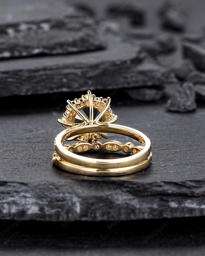 1.5 CT Round Shape Black Diamond Halo Engagement Ring Set Yellow Gold Natural Diamond Floral Promise Ring Wedding Anniversary Ring for Women - ShainJewelry