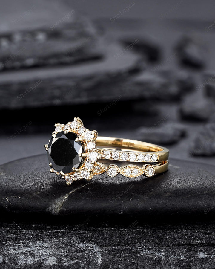 1.5 CT Round Shape Black Diamond Halo Engagement Ring Set Yellow Gold Natural Diamond Floral Promise Ring Wedding Anniversary Ring for Women - ShainJewelry