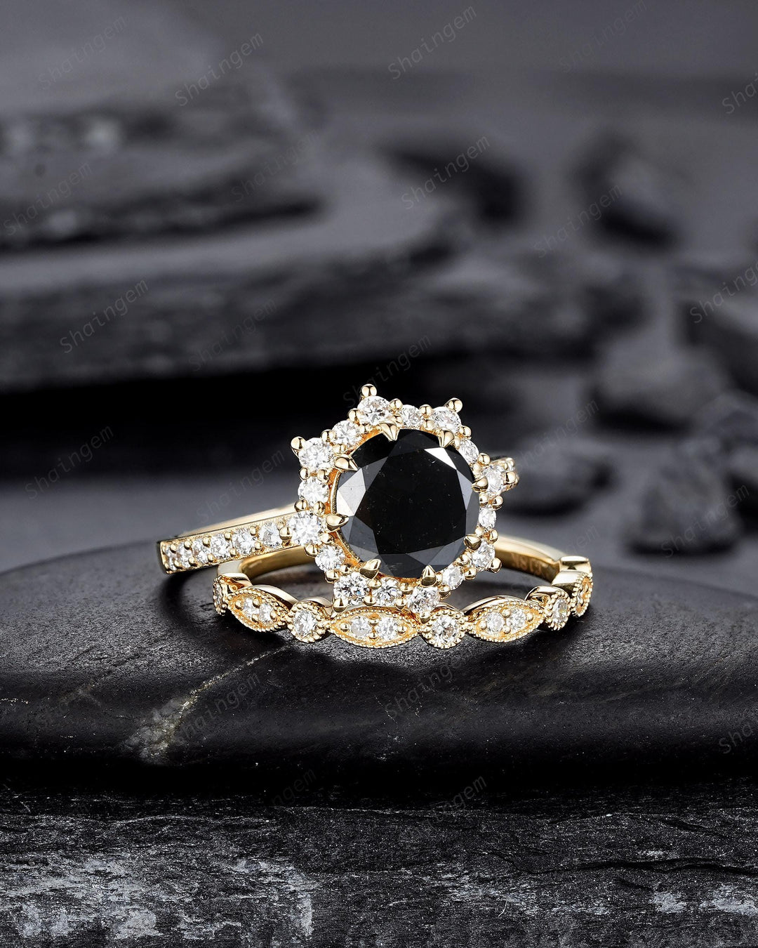 1.5 CT Round Shape Black Diamond Halo Engagement Ring Set Yellow Gold Natural Diamond Floral Promise Ring Wedding Anniversary Ring for Women - ShainJewelry