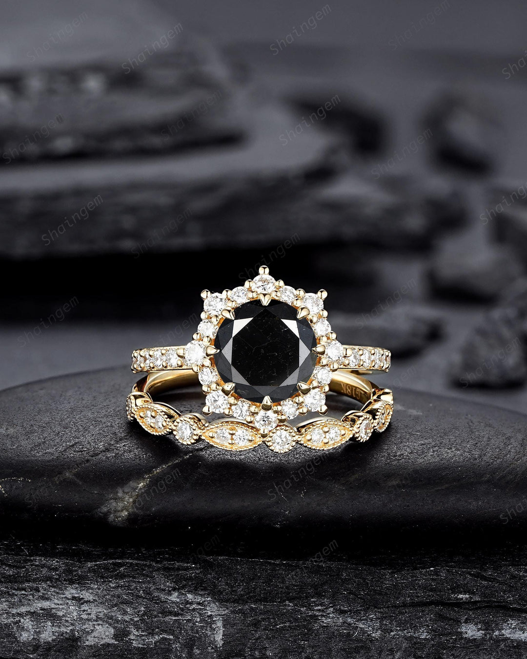 1.5 CT Round Shape Black Diamond Halo Engagement Ring Set Yellow Gold Natural Diamond Floral Promise Ring Wedding Anniversary Ring for Women - ShainJewelry