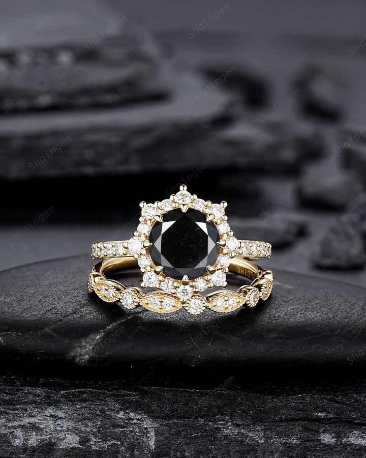 1.5 CT Round Shape Black Diamond Halo Engagement Ring Set Yellow Gold Natural Diamond Floral Promise Ring Wedding Anniversary Ring for Women - ShainJewelry