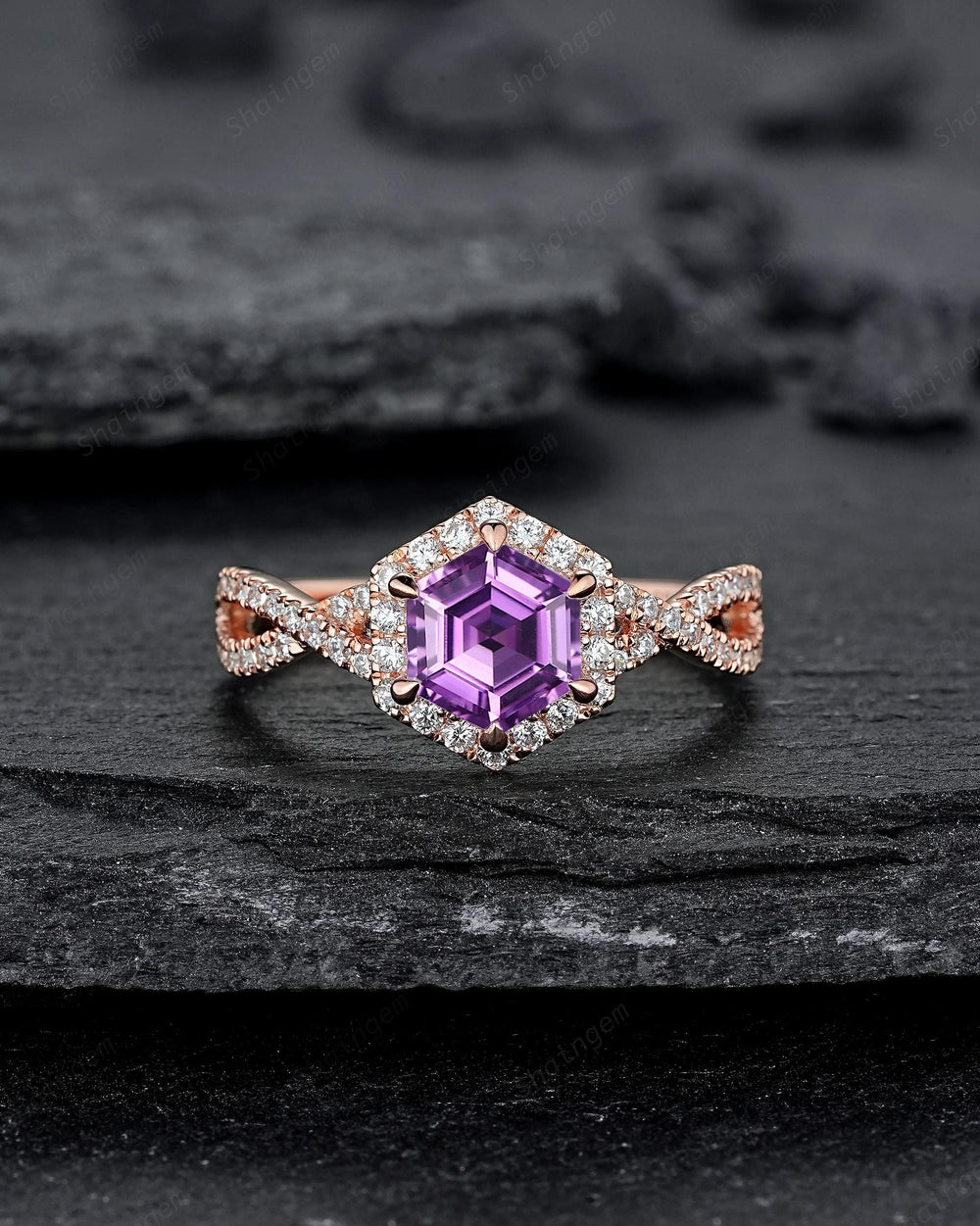 Vintage Hexagon Cut Purple Amethyst Halo Engagement Ring, Rose Gold Cross Band Half Eternity Promise Ring, Silver Wedding Ring For Women - ShainJewelry
